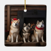 Akita bij de open haard Kerstmis Keramisch Ornament (Achterkant)