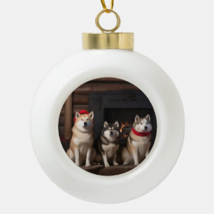 Akita bij de open haard Kerstmis Keramische Bal Ornament