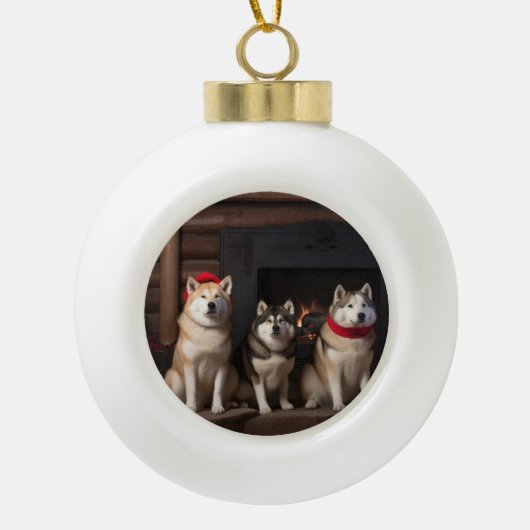 Akita bij de open haard Kerstmis Keramische Bal Ornament (Voorkant)
