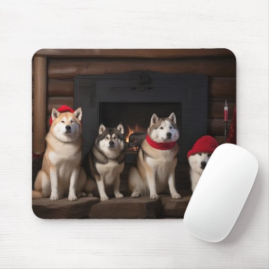 Akita bij de open haard Kerstmis Muismat (Met muis)