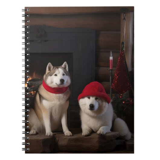 Akita bij de open haard Kerstmis Notitieboek (Voorkant)