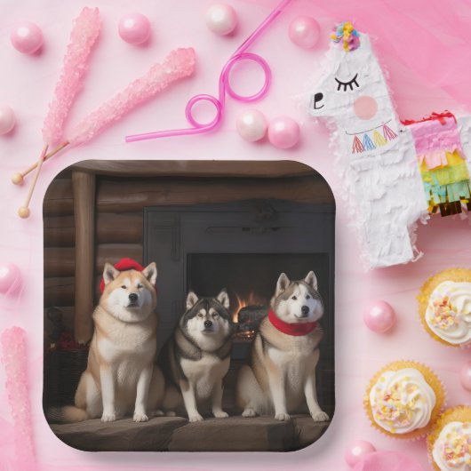 Akita bij de open haard Kerstmis Papieren Bordje (Feest)