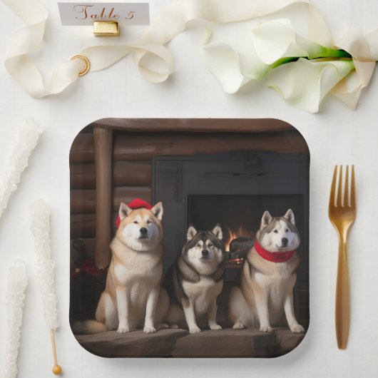 Akita bij de open haard Kerstmis Papieren Bordje (Huwelijk)