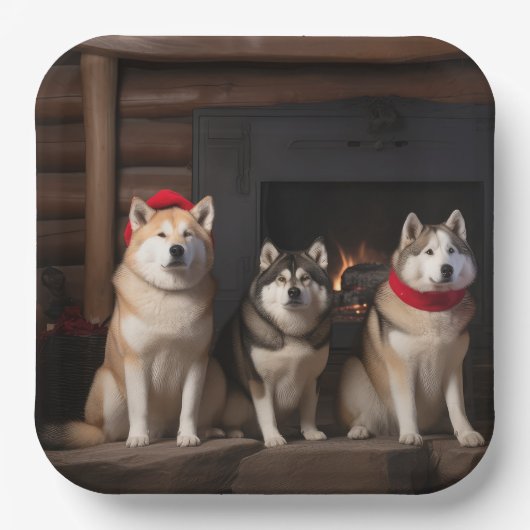 Akita bij de open haard Kerstmis Papieren Bordje (Voorkant)