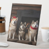 Akita bij de open haard Kerstmis Reclamebord Met Voetstuk (Insitu)