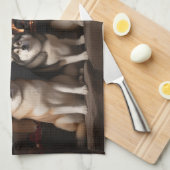 Akita bij de open haard Kerstmis Theedoek (Quarter Fold)