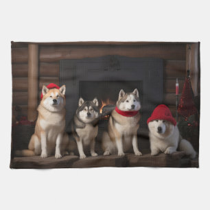 Akita bij de open haard Kerstmis Theedoek