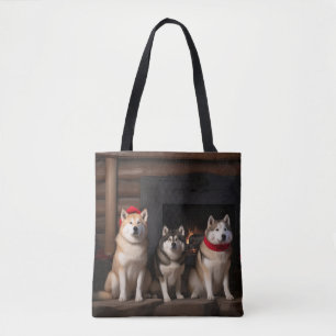 Akita bij de open haard Kerstmis Tote Bag