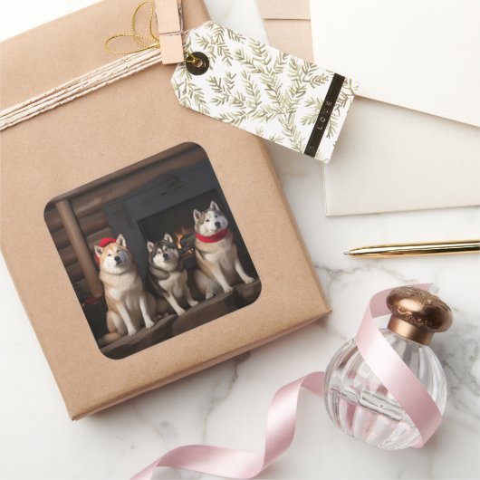 Akita bij de open haard Kerstmis Vierkante Sticker (Geschenken)
