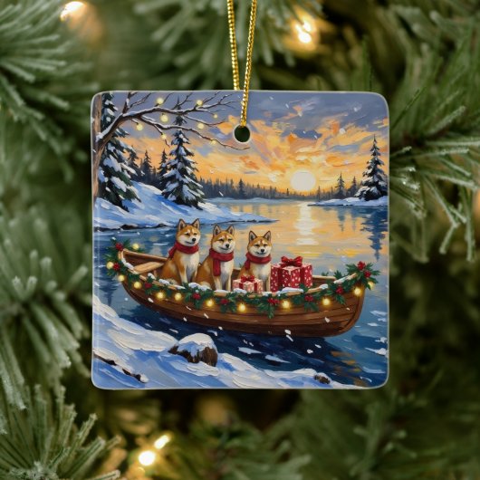 Akita Christmas Boat Holiday Keramisch Ornament (Boom)