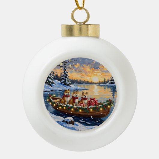 Akita Christmas Boat Holiday Keramische Bal Ornament (Voorkant)