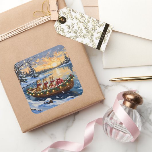 Akita Christmas Boat Holiday Vierkante Sticker (Geschenken)