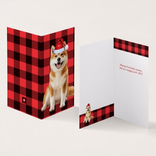 Akita Christmas Dog with Holiday Red Buffalo Plaid Kaart (Binnen en buitenkant)