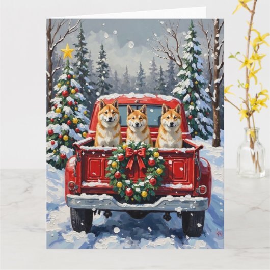 Akita Christmas Red Truck Holiday Kaart (Gele Bloem)