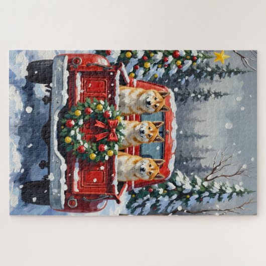 Akita Christmas Red Truck Holiday Legpuzzel (Horizontaal)