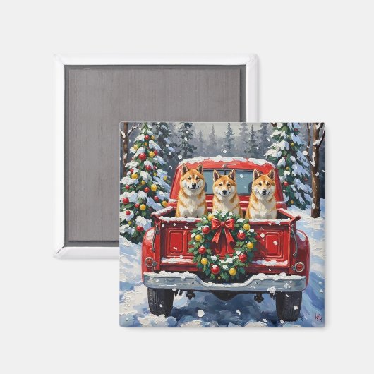 Akita Christmas Red Truck Holiday Magneet (Voorkant / Achterkant)