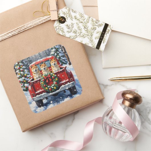 Akita Christmas Red Truck Holiday Vierkante Sticker (Geschenken)