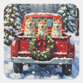 Akita Christmas Red Truck Holiday Vierkante Sticker (Voorkant)
