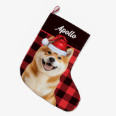 Akita Cute Dog Red Buffalo Plaid with Name Grote Kerstsok (Voorkant (Hangend))