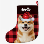 Akita Cute Dog Red Buffalo Plaid with Name Grote Kerstsok (Achterkant)