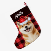 Akita Cute Dog Red Buffalo Plaid with Name Grote Kerstsok (Achterkant (Hangend))