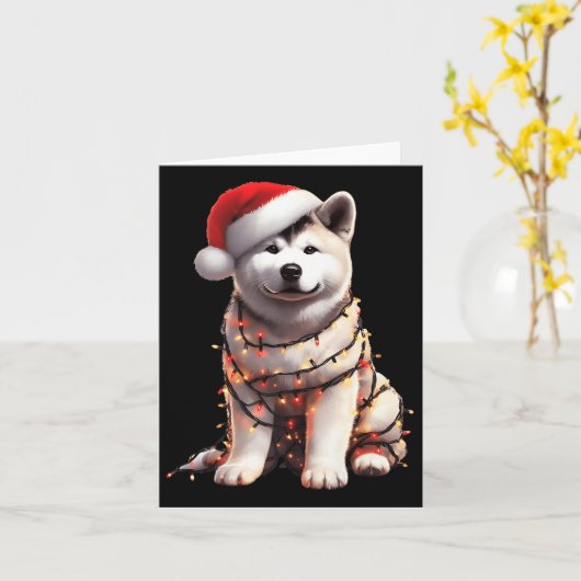 Akita Dog Christmas Lights Santa Hat Dog Lover Pre Kaart (Gele Bloem)