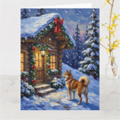 Akita Dog Christmas Log Cabin Holiday Kaart (Gele Bloem)