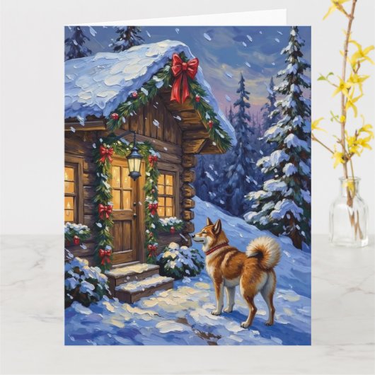 Akita Dog Christmas Log Cabin Holiday Kaart (Gele Bloem)
