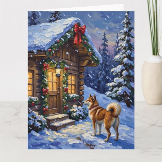 Akita Dog Christmas Log Cabin Holiday Kaart (Voorkant)