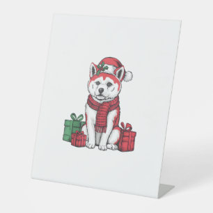 Akita Dog Christmas Outfits Santa Hat Dog Kerstmis Reclamebord Met Voetstuk