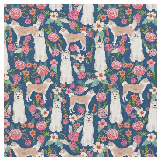 akita dog florals navy stof (Close Up)