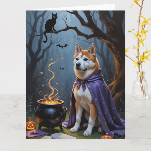 Akita Dog grillige Halloween schilderij Kaart (Gele Bloem)