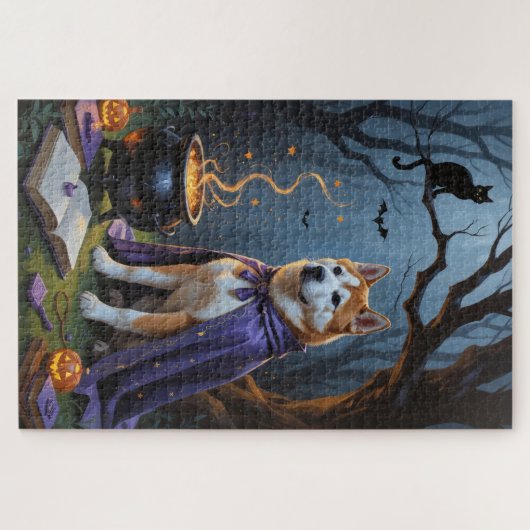 Akita Dog grillige Halloween schilderij Legpuzzel (Horizontaal)
