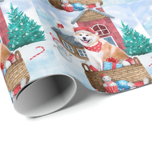 Akita Dog in het sneeuwkersthondenhuis Cadeaupapier (Rol Hoek)