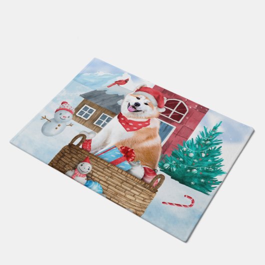 Akita Dog in het sneeuwkersthondenhuis Deurmat (Schuin)