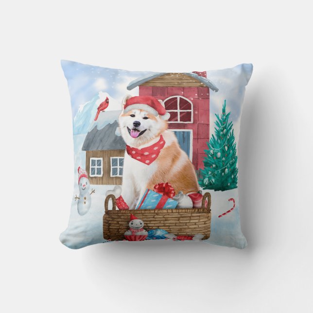 Akita Dog in het sneeuwkersthondenhuis Kussen (Voorkant)