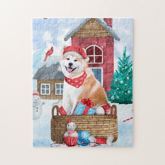 Akita Dog in het sneeuwkersthondenhuis Legpuzzel (Verticaal)