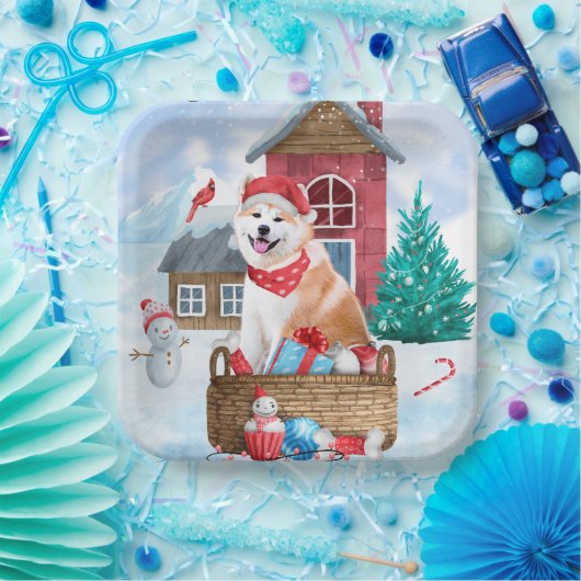 Akita Dog in het sneeuwkersthondenhuis Papieren Bordje (Feest)