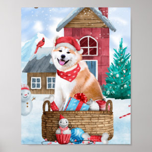 Akita Dog in het sneeuwkersthondenhuis Poster