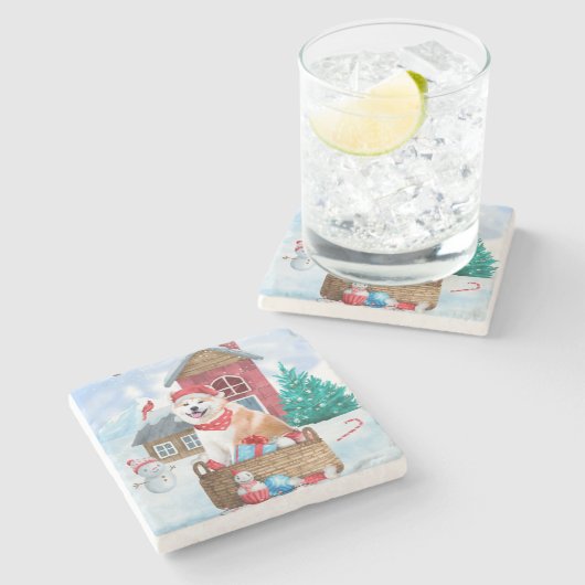 Akita Dog in het sneeuwkersthondenhuis Stenen Onderzetter (Zijkant)