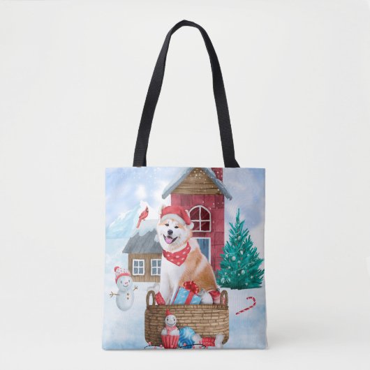 Akita Dog in het sneeuwkersthondenhuis Tote Bag (Voorkant)