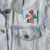 Akita Dog in het sneeuwkersthondenhuis Vierkante Button 5,1 Cm (In situ)