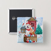 Akita Dog in het sneeuwkersthondenhuis Vierkante Button 5,1 Cm (Voorkant /achterkant)
