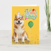 Akita Dog in Party Hat on Yellow Birthday