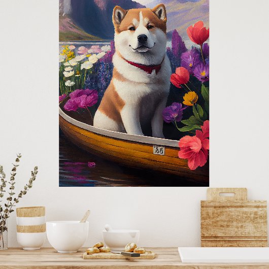 Akita Dog op een peddel: Een Schilderachtig avontu Poster (Keuken)