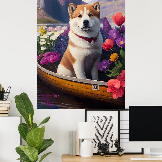 Akita Dog op een peddel: Een Schilderachtig avontu Poster (Thuiskantoor)