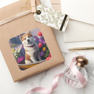 Akita Dog op een peddel: Een Schilderachtig avontu Vierkante Sticker