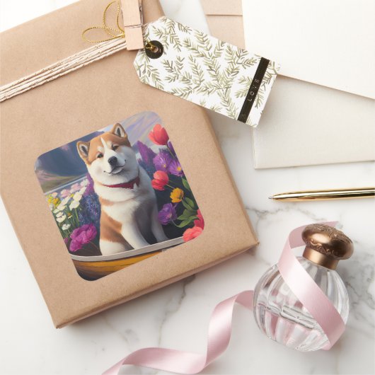 Akita Dog op een peddel: Een Schilderachtig avontu Vierkante Sticker (Geschenken)