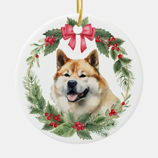 Akita Dog Red Bow Holly Krans Keramisch Ornament (Voorkant)