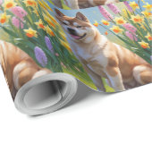 Akita Dog Spring Bloemen Schilderen Cadeaupapier (Rol Hoek)